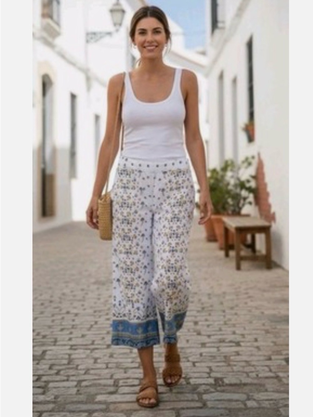 Joie Crop Pants Wide Leg 100% Linen L Floral Pockets Elastic Waist Boho  Dainty
